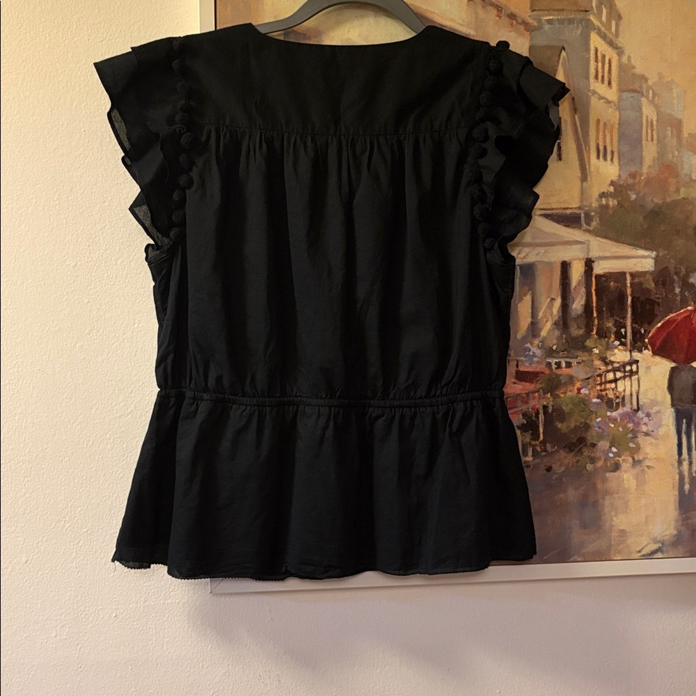 Point Sur J.Crew Black Peplum Blouse M | Ruffle Sleeve Tassel Tie Boho Top - Picture 6 of 6